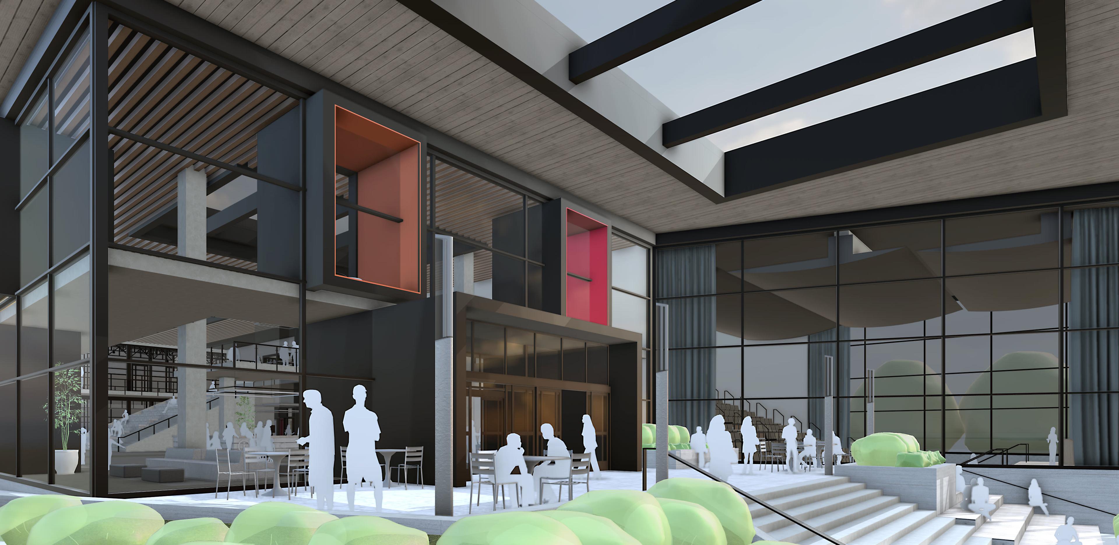 SketchUp model showing the exterior of a modern community center with large windowed walls and figures of people outside the
